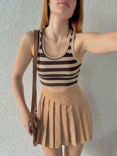 BLZ-06234 Vizon Yatay Çizgili U Yaka Kaşkorse Crop Bluz 