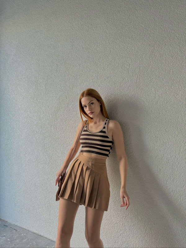 BLZ-06234 Vizon Yatay Çizgili U Yaka Kaşkorse Crop Bluz - 2