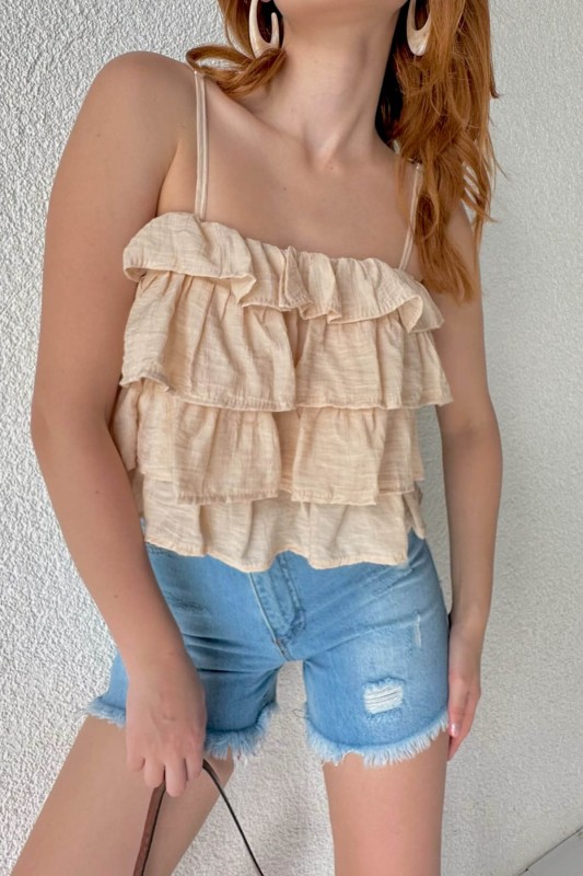 BLZ-06235 Taş Rengi Kat Kat Fırfırlı Askılı Crop Bluz - 2