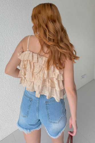 BLZ-06235 Taş Rengi Kat Kat Fırfırlı Askılı Crop Bluz - 4