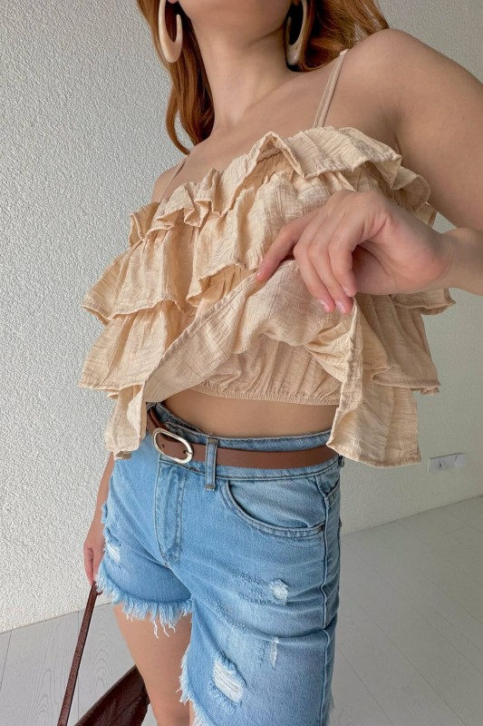 BLZ-06235 Taş Rengi Kat Kat Fırfırlı Askılı Crop Bluz - 5