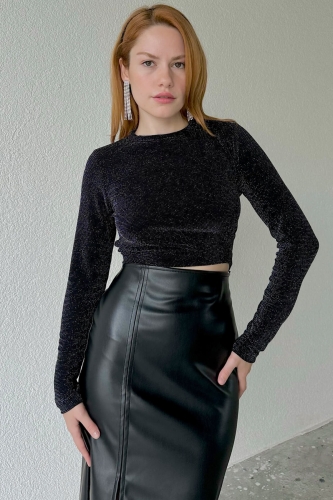 BLZ-06239 Siyah Simli Kumaş Sırt Dekolteli Dik Yaka Bluz - 3