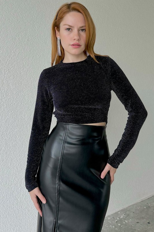 BLZ-06239 Siyah Simli Kumaş Sırt Dekolteli Dik Yaka Bluz - 3