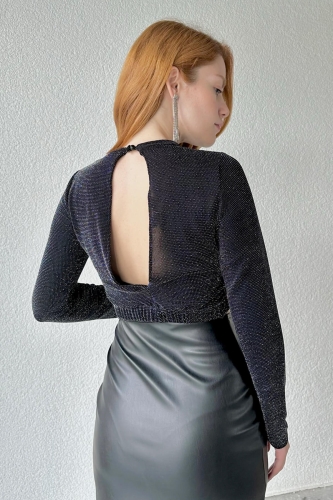 BLZ-06239 Siyah Simli Kumaş Sırt Dekolteli Dik Yaka Bluz - 2
