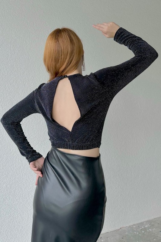 BLZ-06239 Siyah Simli Kumaş Sırt Dekolteli Dik Yaka Bluz - 4