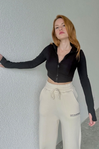 BLZ-06240 Siyah Fermuarlı Parmak Detaylı Kaşkorse Kumaş Bluz - 2