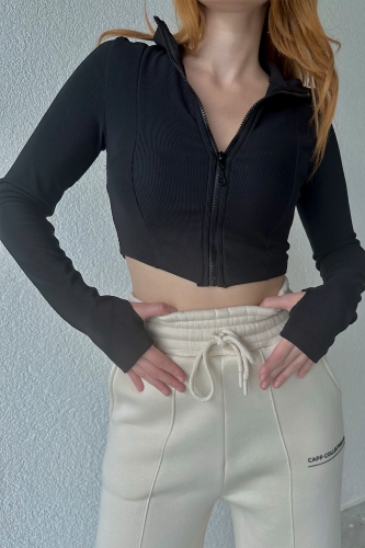 BLZ-06240 Siyah Fermuarlı Parmak Detaylı Kaşkorse Kumaş Bluz - 1