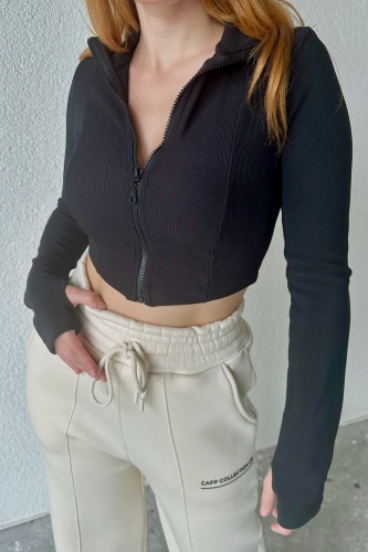 BLZ-06240 Siyah Fermuarlı Parmak Detaylı Kaşkorse Kumaş Bluz - 3