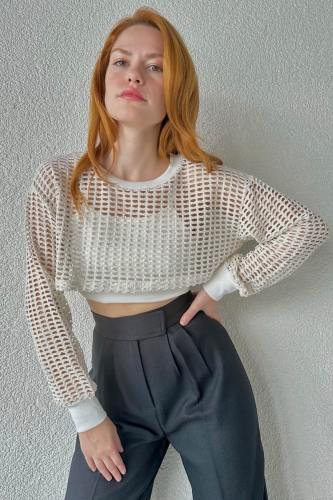 BLZ-06242 Krem File Kumaş Kendinden Askılı İkili Bluz Set - 1