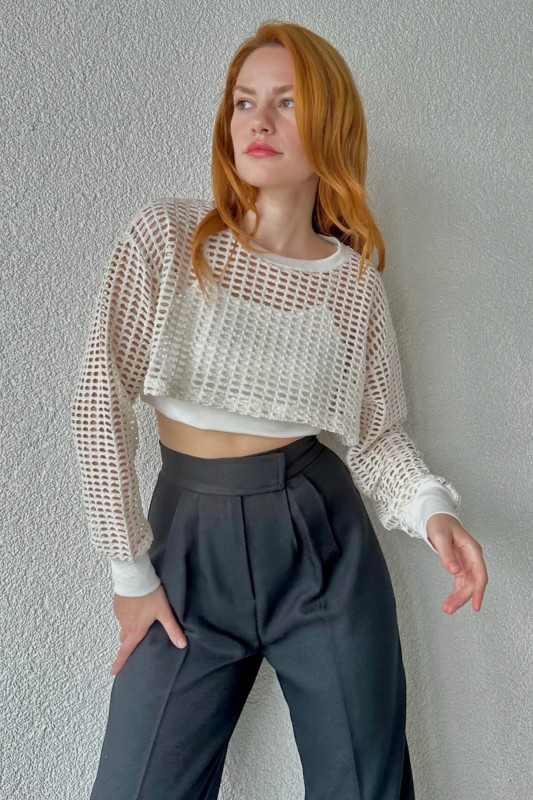 BLZ-06242 Krem File Kumaş Kendinden Askılı İkili Bluz Set - 4
