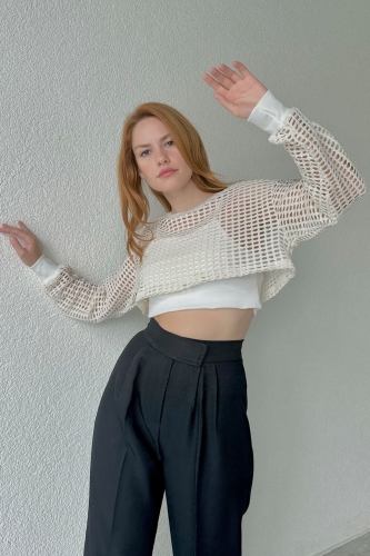 BLZ-06242 Krem File Kumaş Kendinden Askılı İkili Bluz Set - 3