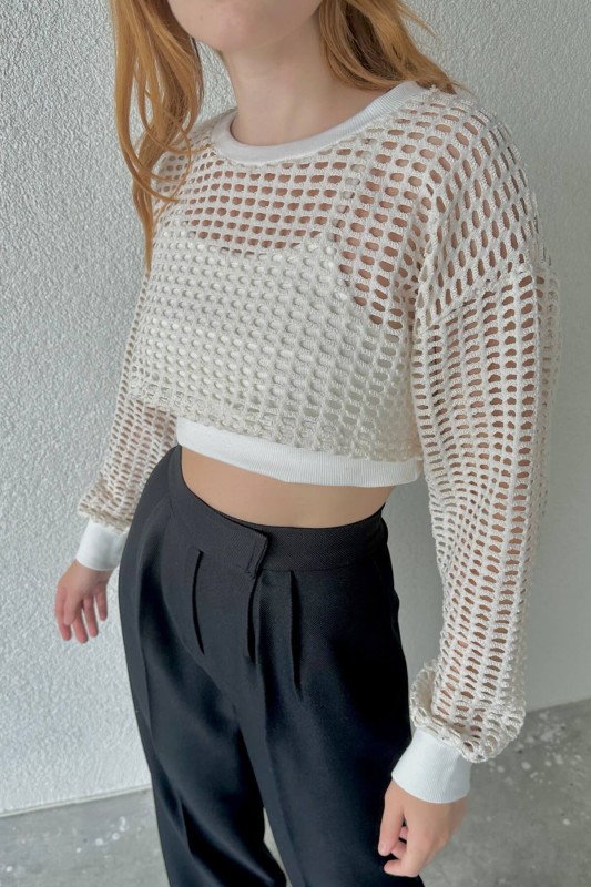 BLZ-06242 Krem File Kumaş Kendinden Askılı İkili Bluz Set - 5