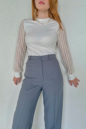 BLZ-06243 Krem Kol Örgü Detaylı Yuvarlak Yaka Bluz - 4