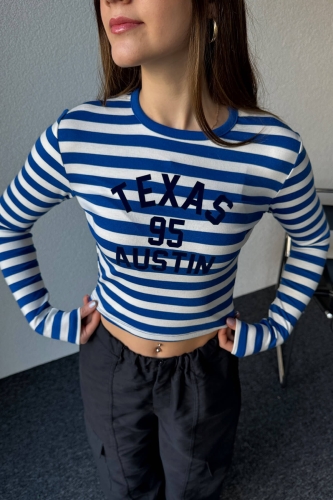 BLZ-06244 Lacivert Texas Yazı Detaylı Çizgili Crop Uzun Kollu Bluz - 2