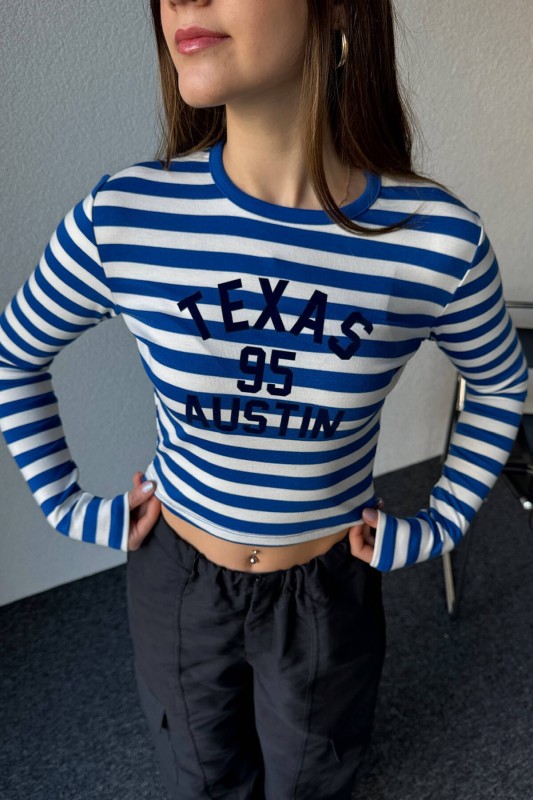 BLZ-06244 Lacivert Texas Yazı Detaylı Çizgili Crop Uzun Kollu Bluz - 2