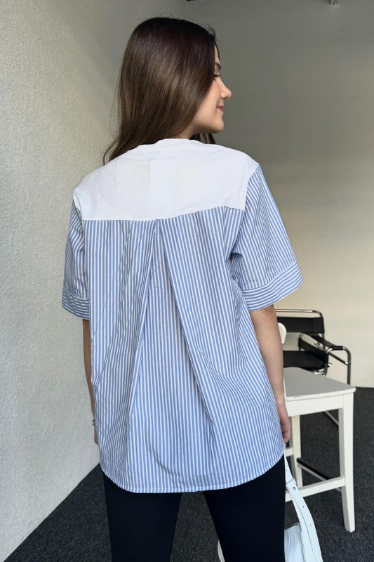 BLZ-06246 Beyaz Mavi Çizgili Gömlek Detaylı Tasarım Basic Bluz