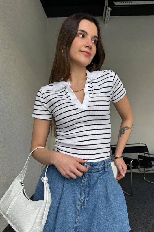 BLZ-06248 Beyaz Çizgili Polo V Yaka Kaşkorse Kumaş Crop Bluz - 2