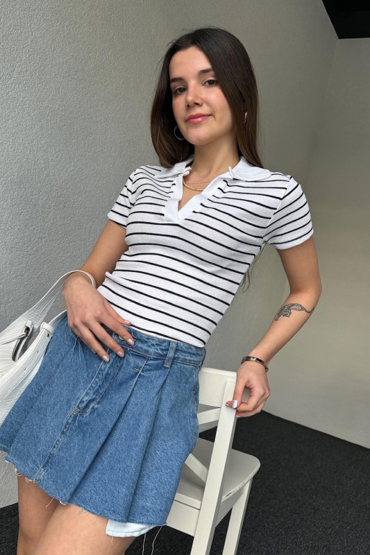 BLZ-06248 Beyaz Çizgili Polo V Yaka Kaşkorse Kumaş Crop Bluz - 3