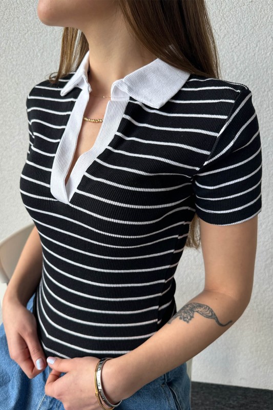 BLZ-06248 Siyah Çizgili Polo V Yaka Kaşkorse Kumaş Crop Bluz