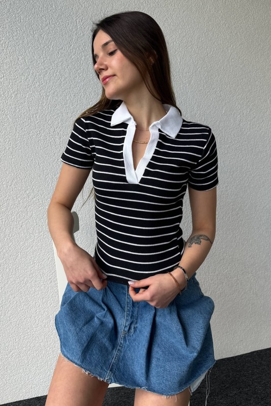 BLZ-06248 Siyah Çizgili Polo V Yaka Kaşkorse Kumaş Crop Bluz