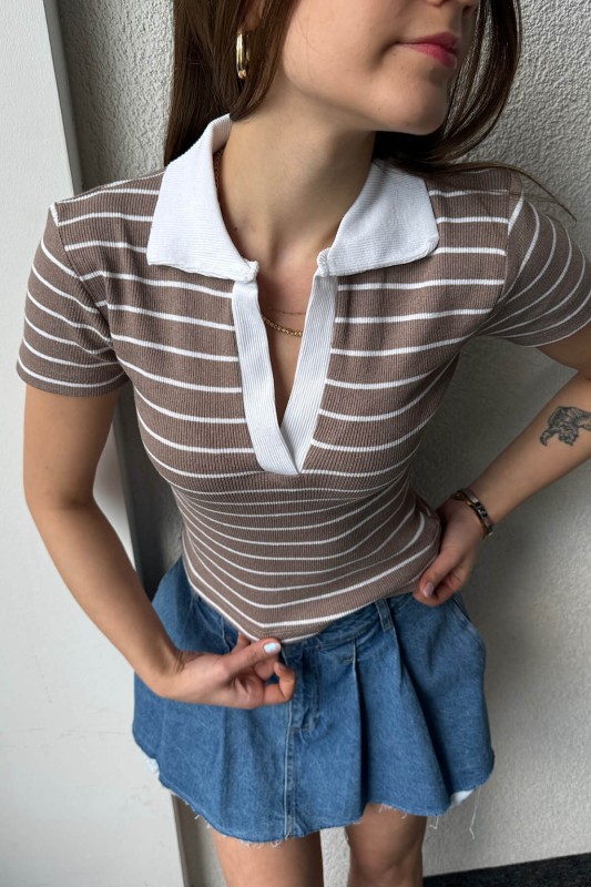BLZ-06248 Vizon Çizgili Polo V Yaka Kaşkorse Kumaş Crop Bluz - 4