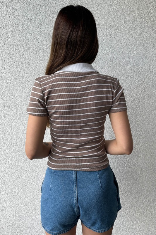 BLZ-06248 Vizon Çizgili Polo V Yaka Kaşkorse Kumaş Crop Bluz - 5