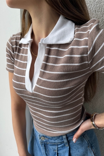 BLZ-06248 Vizon Çizgili Polo V Yaka Kaşkorse Kumaş Crop Bluz - 2