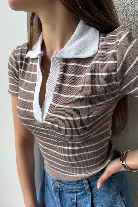 BLZ-06248 Vizon Çizgili Polo V Yaka Kaşkorse Kumaş Crop Bluz - 2