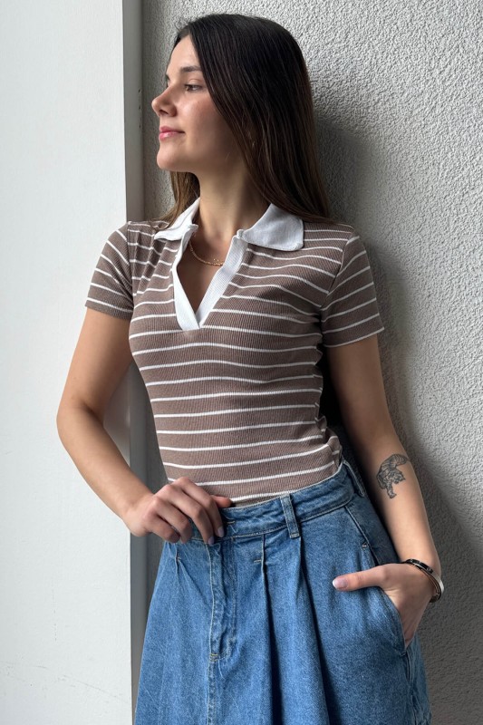 BLZ-06248 Vizon Çizgili Polo V Yaka Kaşkorse Kumaş Crop Bluz