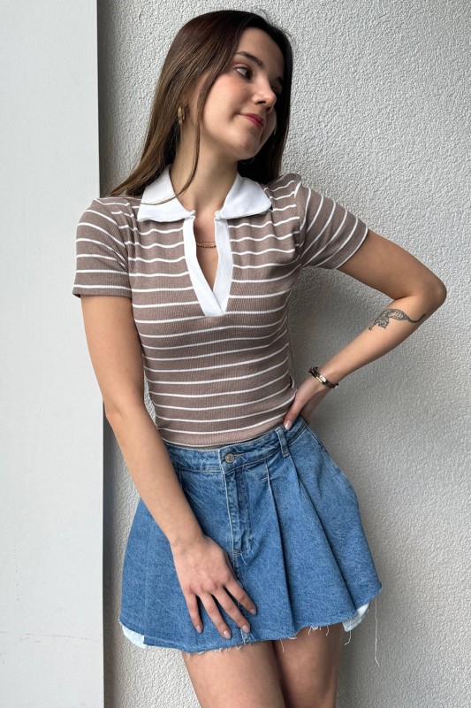 BLZ-06248 Vizon Çizgili Polo V Yaka Kaşkorse Kumaş Crop Bluz - 1