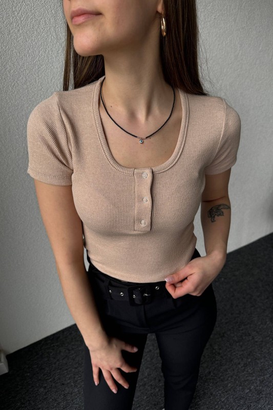 BLZ-06250 Vizon Çıtçıt Detaylı Kaşkorse Kumaş Crop Bluz - 2