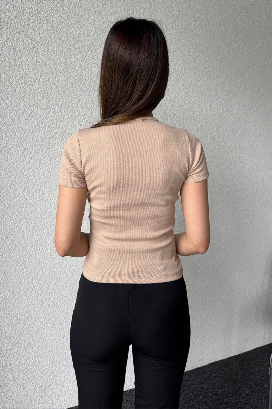 BLZ-06250 Vizon Çıtçıt Detaylı Kaşkorse Kumaş Crop Bluz - 3