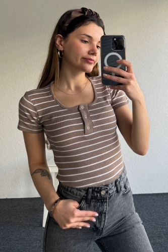 BLZ-06252 Vizon Çizgili Yaka Çıtçıtlı Kaşkorse Kumaş Crop Bluz 