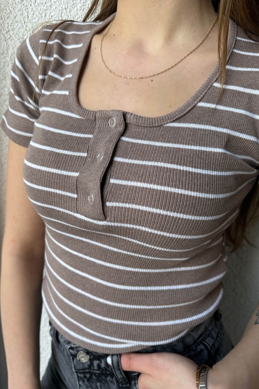 BLZ-06252 Vizon Çizgili Yaka Çıtçıtlı Kaşkorse Kumaş Crop Bluz - 2