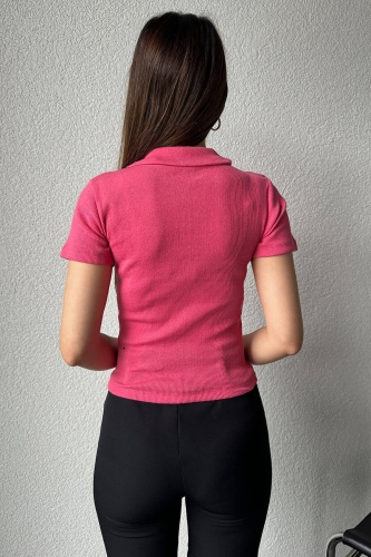 BLZ-06254 Pembe Fermuarlı Polo Yaka Kaşkorse Kumaş Crop Bluz - 2