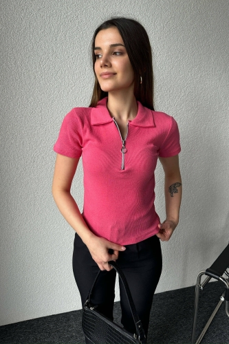 BLZ-06254 Pembe Fermuarlı Polo Yaka Kaşkorse Kumaş Crop Bluz - Thumbnail