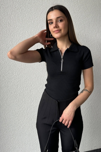 BLZ-06254 Siyah Fermuarlı Polo Yaka Kaşkorse Kumaş Crop Bluz - 2