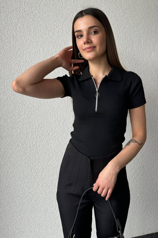 BLZ-06254 Siyah Fermuarlı Polo Yaka Kaşkorse Kumaş Crop Bluz