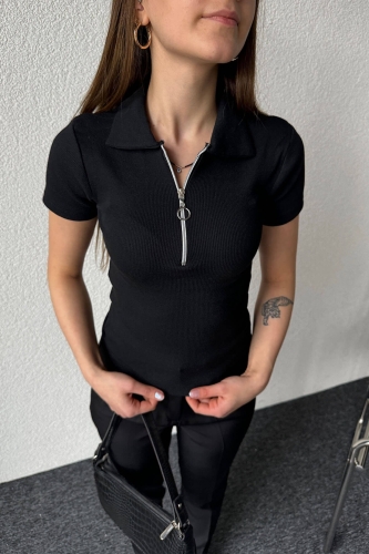 BLZ-06254 Siyah Fermuarlı Polo Yaka Kaşkorse Kumaş Crop Bluz 