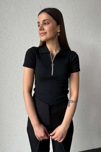 BLZ-06254 Siyah Fermuarlı Polo Yaka Kaşkorse Kumaş Crop Bluz - 3