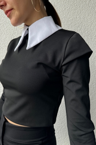 Cappmoda - BLZ-06258 Siyah Gömlek Yaka Kol ve Arka Fermuar Detaylı Bluz (1)