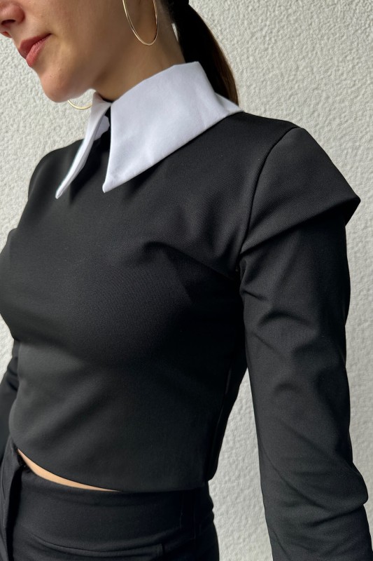 BLZ-06258 Siyah Gömlek Yaka Kol ve Arka Fermuar Detaylı Bluz
