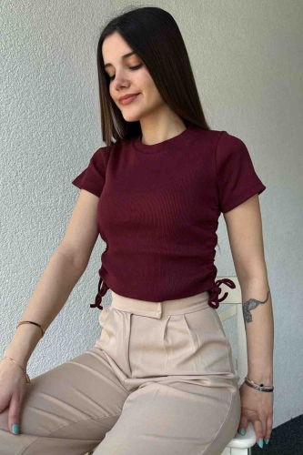 BLZ-06272 Bordo Yan Büzgülü Kaşkorse Kumaş Bluz - Cappmoda