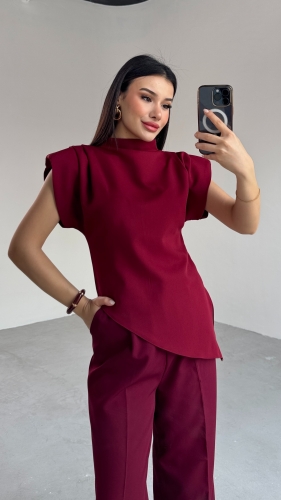Cappmoda - BLZ-06276 Bordo Vatkalı Arka Fermuarlı Asimetrik Kesim Tasarım Bluz (1)