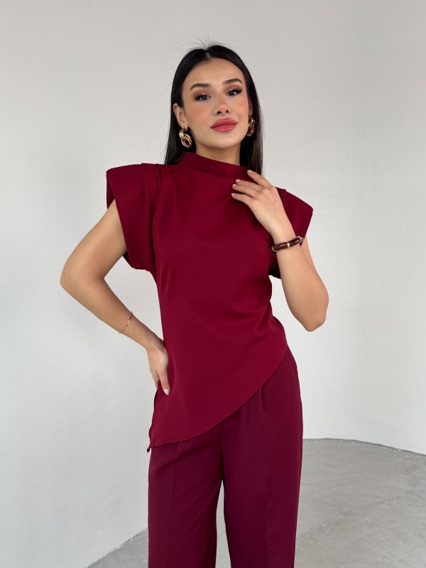 BLZ-06276 Bordo Vatkalı Arka Fermuarlı Asimetrik Kesim Tasarım Bluz