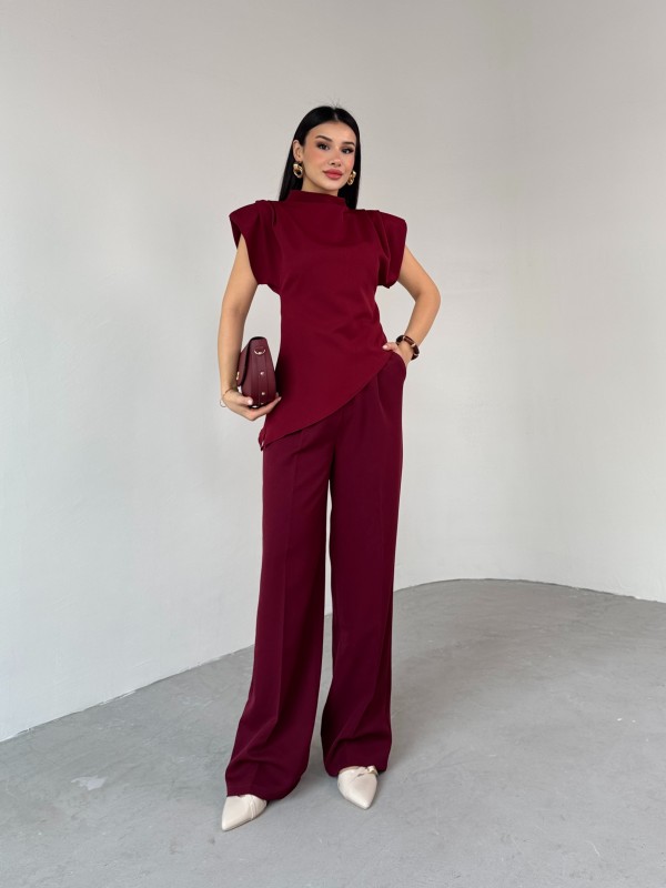 BLZ-06276 Bordo Vatkalı Arka Fermuarlı Asimetrik Kesim Tasarım Bluz
