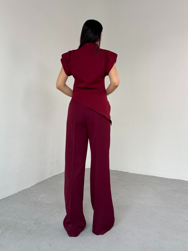 BLZ-06276 Bordo Vatkalı Arka Fermuarlı Asimetrik Kesim Tasarım Bluz