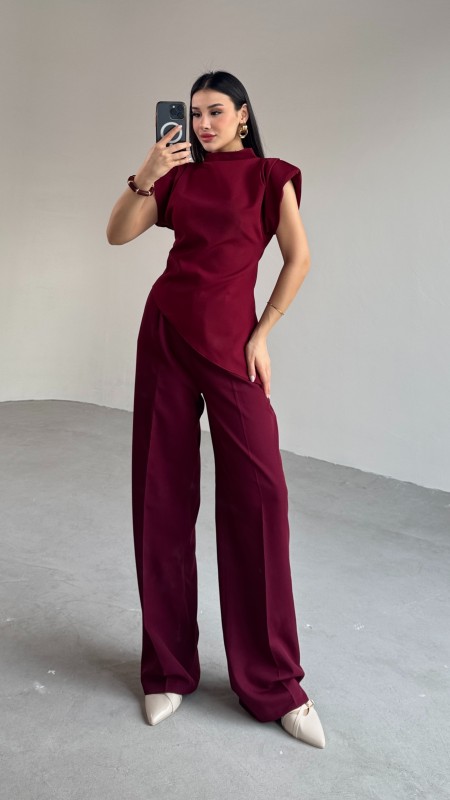 BLZ-06276 Bordo Vatkalı Arka Fermuarlı Asimetrik Kesim Tasarım Bluz
