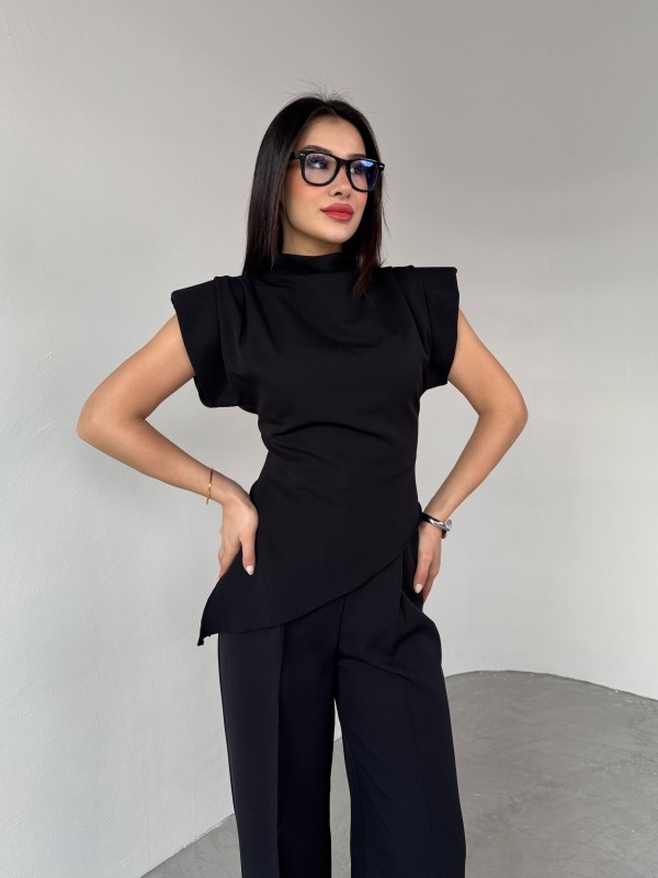 BLZ-06276 Siyah Vatkalı Arka Fermuarlı Asimetrik Kesim Tasarım Bluz