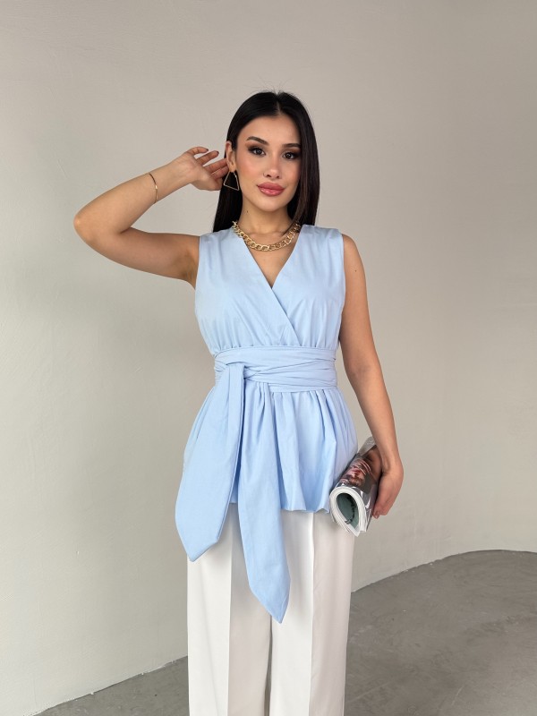 BLZ-06277 Bebe Mavi Bel Fiyonk Bağlamalı V Yaka Bluz